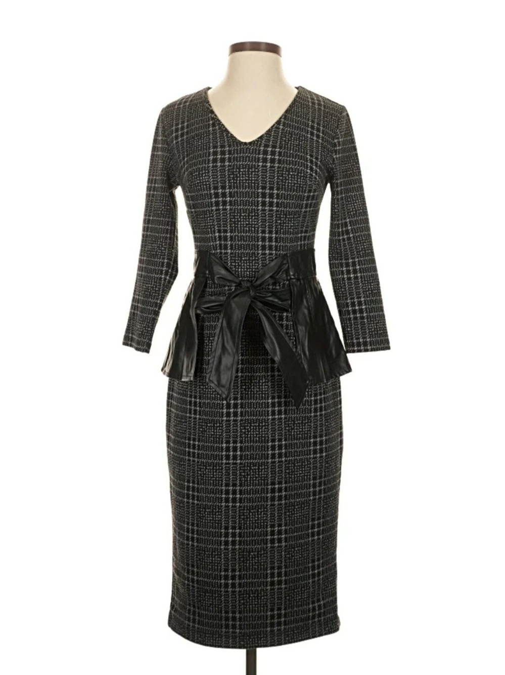 New York & Company Black Plaid Pencil Skirt Dress with Faux Leather Bow Waist